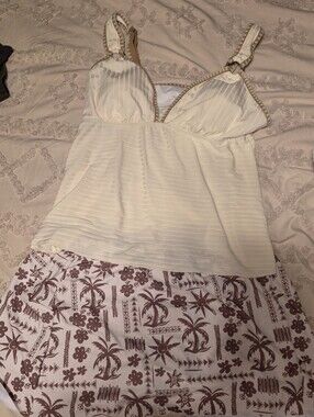 Cream Striped Tankini Top with Printed Swim Skirt